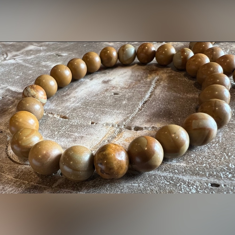 Men Unisex Petrified Wood Bracelet Natural Gemstone Stretch Beaded 8 mm 19 cm